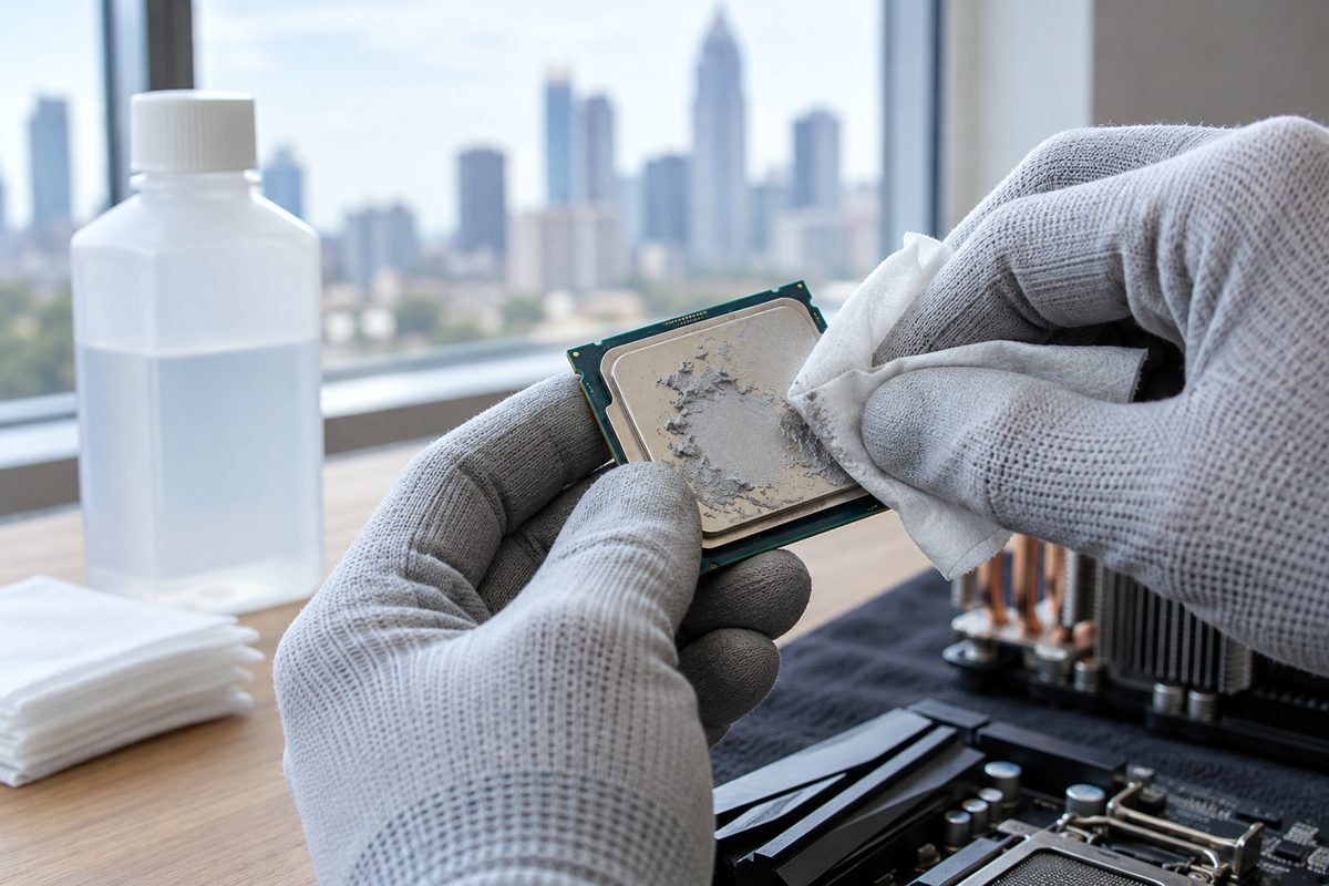 Cleaning old thermal compound from a processor heat spreader using solvent wipe