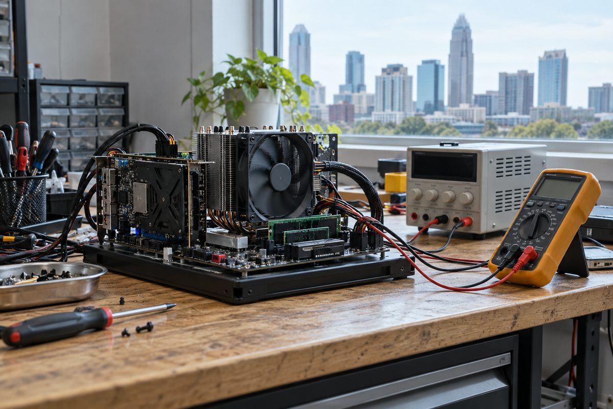 Hardware diagnostic test bench setup with multimeter probes and power monitoring equipment