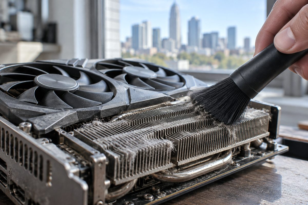 Dust removal from aluminum radiator fins of a graphics card cooler assembly