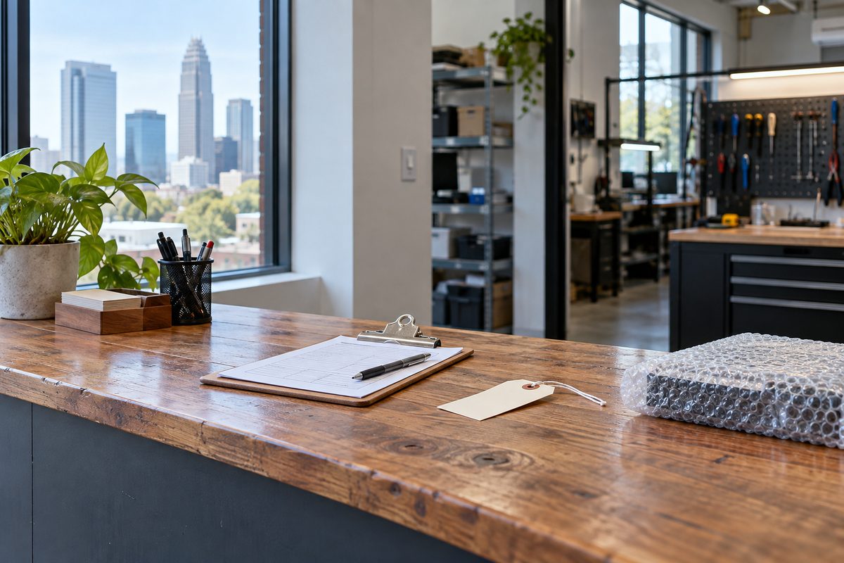Drop-off intake desk at Cleaneeus Workshop on North Tryon Street