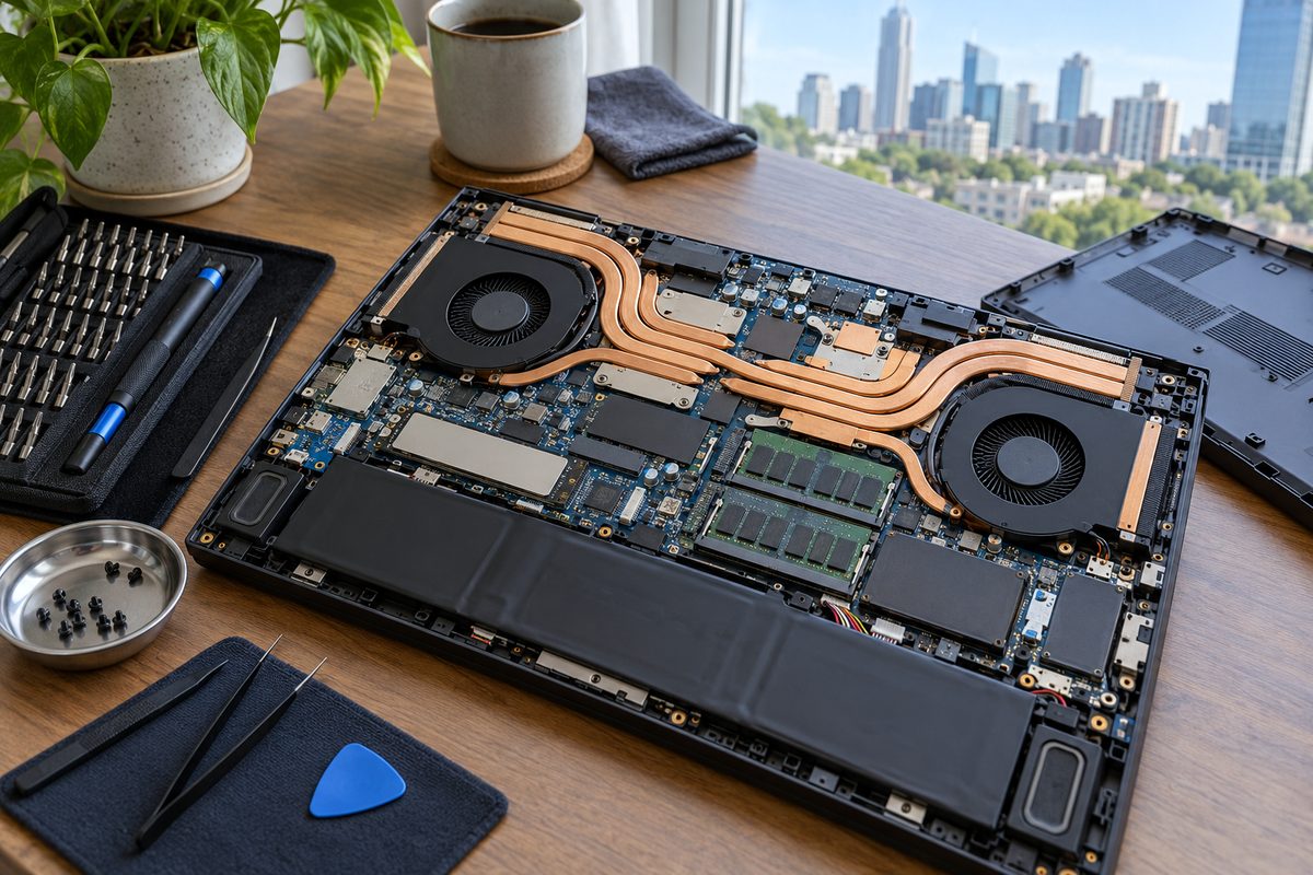 Disassembled laptop chassis on workshop bench exposing copper heatpipes and cooling fans