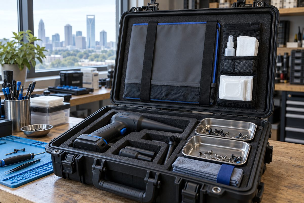 Mobile technician field toolkit for on-site computer cleaning call-outs in Charlotte
