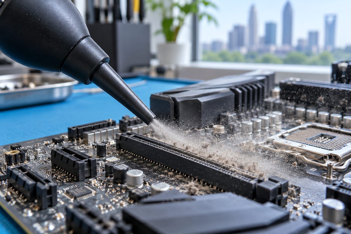 Filtered electronic dry air blower expelling dust particles from desktop motherboard and expansion slots