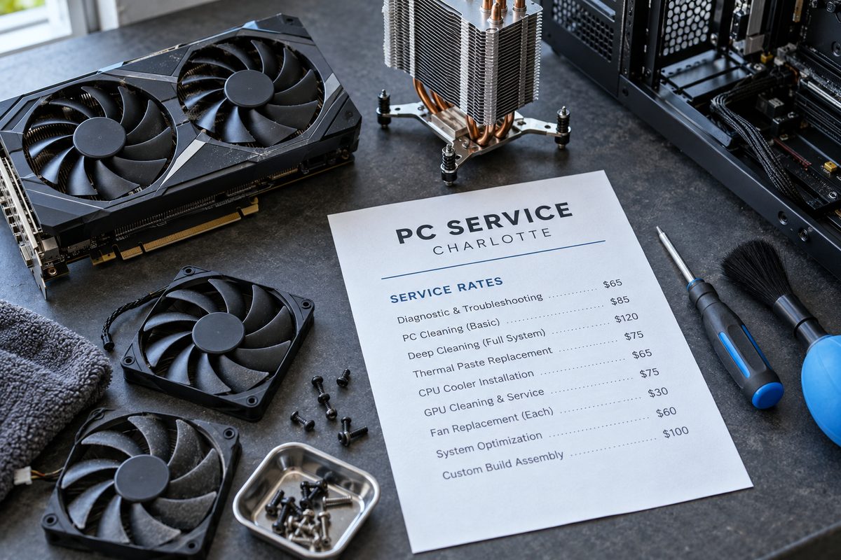 Cleaned PC components, heatsink fans, and price ledger checklist on technician workbench